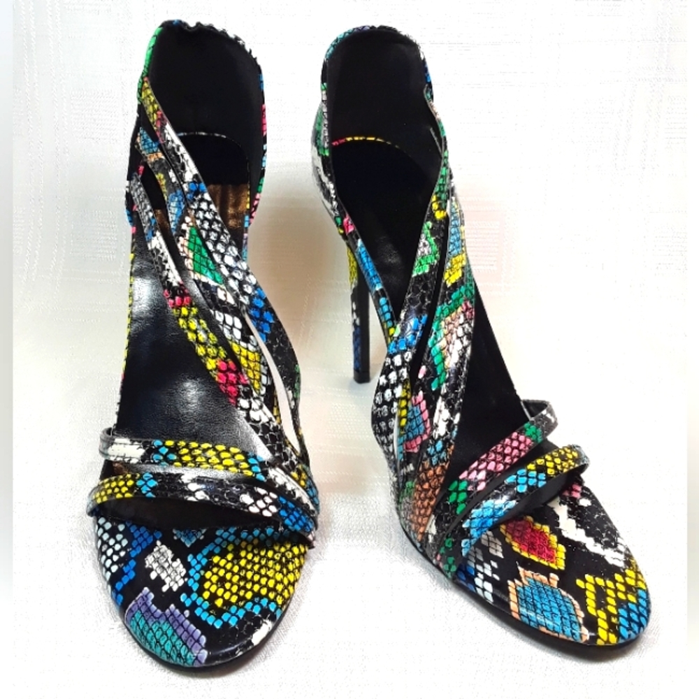 Heels Open Toe Women Shoes Rainbow Faux Snakeskin Strap Fashion Shoes Size 38 - Picture 5 of 10